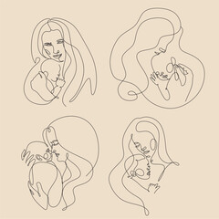 Abstract mother with a child in continuous one line drawing art style. Mother`s Day card. Woman hugging her baby. Happy motherhood concept. Modern vector illustration