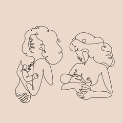 Minimalistic simple linear image of a mother holding a newborn baby. Line art draw Icon or logo. Postcard for congratulations on happy mothers day.