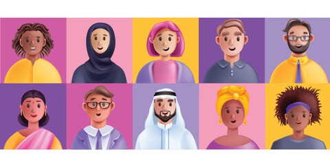 3D people diverse avatar, vector multicultural inclusion group, cartoon happy equal community. Man woman character, representation business team, professional teamwork communication. People avatar - obrazy, fototapety, plakaty
