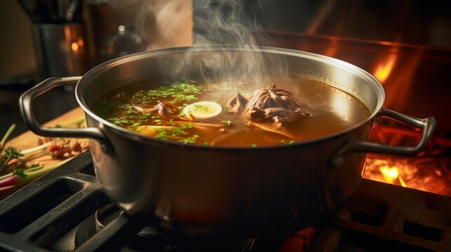 beef broth simmering in a pot, with steam rising and meaty bones visible