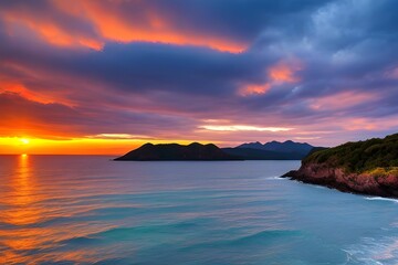 ドラマチックな夕日、朝焼け美しい自然の風景の山、海