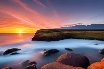 Fototapeta na wymiar ドラマチックな夕日、朝焼け美しい自然の風景の海