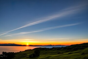 Fototapeta na wymiar ドラマチックな夕日、朝焼け美しい自然の風景の湖、空、雲、