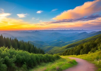 Fototapeta na wymiar ドラマチックな夕日、朝焼け美しい自然の風景の山