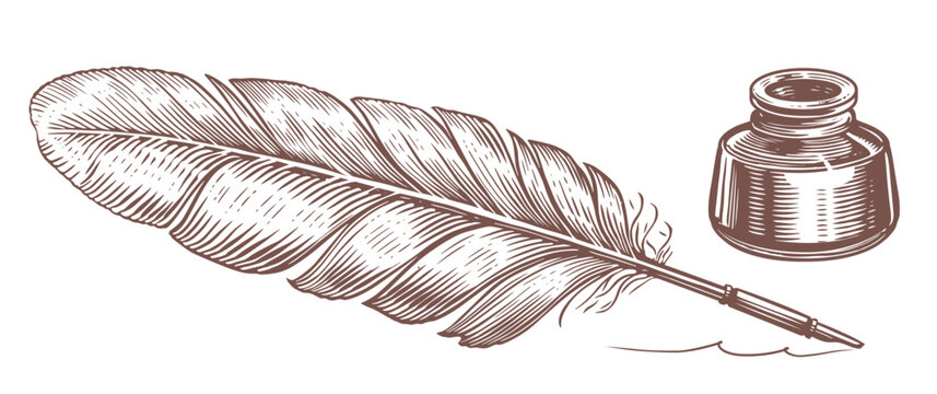 Retro quill feather ink writing pen and inkwell in old vintage woodcut. Line art drawing style. Vector illustration