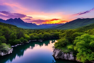 ドラマチックな夕日、朝焼け美しい自然の風景の山