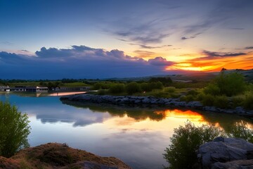 Fototapeta na wymiar ドラマチックな夕日、朝焼け美しい自然の風景の湖