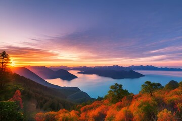 Fototapeta na wymiar ドラマチックな朝焼け美しい自然の風景の山、湖、空、雲