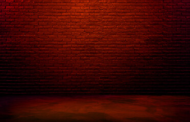 lighting effect red or brown on empty brick wall background for design. dark black brick wall background, rough concrete, plastered concrete floor, with bright red glowing lights from above.