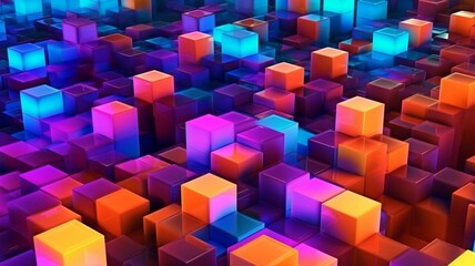 Neon cubes on an abstract 3D backdrop. GENERATE AI