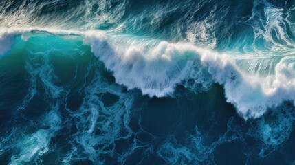 a birds-eye view of a dramatic ocean wave, horizontal abstract waves, crashing and swirling, aqua water waves,  Abstrac-themed, drone aerial, photorealistic illustrations in JPG.Generative AI