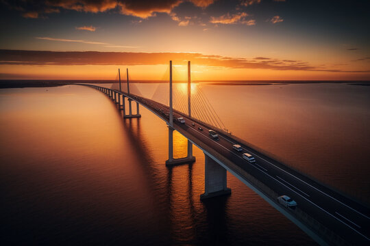 Oresundsbron bridge, gracefully connecting Denmark and Sweden. Marvel at the architectural marvel of Oresundsbron, as it reveals its magnificent beauty from above. Generative AI.