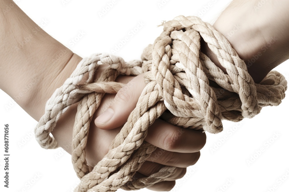 Poster two hands tied with rope isolated on white background. Generated by AI.