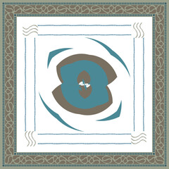 vector abstract square pattern, silk scarf design, fashion textile ornament Bandanna shawl, tablecloth fabric print, silk neck scarf with sea green color border.
