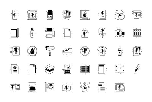 Printing icons vector illustration concept with icon of technology, three-dimensional, laser melting, computer, additive and material

