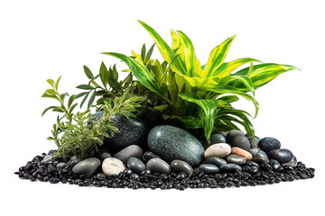 Obraz na płótnie Canvas Zen stone and green leaf for fish tank, transparent background, isolate die cut png file (Ai generated) 