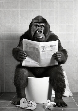 Gorilla sit on the toilet, monkey sitting on the potty, restroom humor, black and white