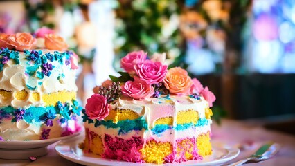 Fototapeta na wymiar Boho Cake Clipart. Watercolor Birthday Cake Set. Dessert Clipart. Sweet Bakery Clipart. Logo Cake Design. Pastel Pink Cake With Flowers. Generative AI