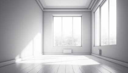 Fototapeta premium Window shadow, window in room, light reflecting from window, white room. Generative AI