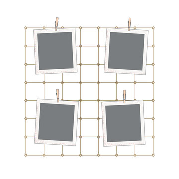 Metal wall grid photo template, mockup board. Square photo picture frames. Organizer memories, mood board in decor interior vector illustration