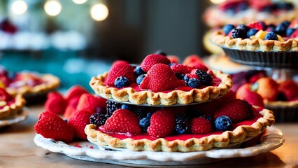 Pile Of Fruit Pies And Tarts. Ready To Be Served In A Welcoming Bakery Setting. Generative AI