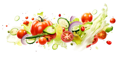 Sliced of fresh vegetables flying on white background. Ripe food