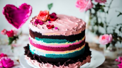 Obraz na płótnie Canvas Watercolor Pink Valentines Day Cake. Cake Logo Design. Birthday Cake Illustration. Wedding Cake. Sweets Clipart. Bakery Menu. Generative AI