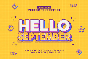 Editable text effect Hello September 3d Cartoon template style premium vector