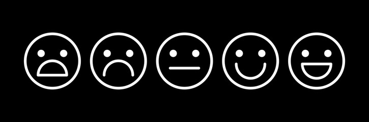 Happy, laughing, neutral, sad, upset, unhappy, shocked smile icon. Customer feedback vector emoticon set. White line negative, positive face icons on black background.