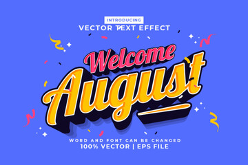 Editable text effect Welcome August 3d Cartoon template style premium vector - obrazy, fototapety, plakaty