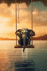 Close Up of an Elephant Sitting on a Swing Above Water. Generative AI