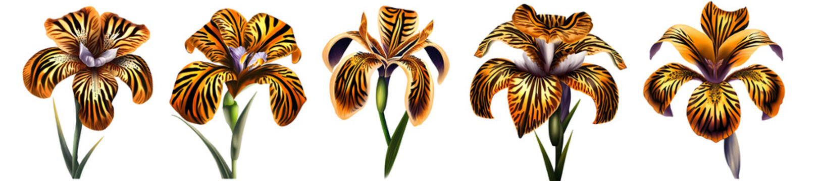 Set of tiger irises. Generative AI.