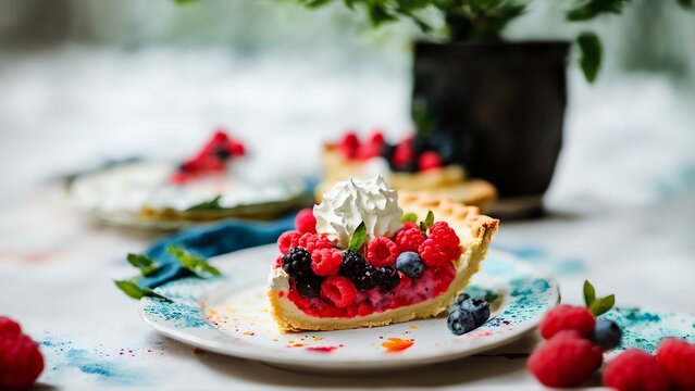 Watercolor Sketch Of Pie With Berries Isolated On White Background. Generative AI