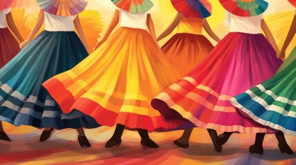 During traditional Mexican dancing, skirts fly in colorful patterns. (Illustration, Generative AI) - obrazy, fototapety, plakaty
