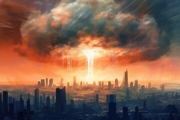 Fototapeta premium 'City engulfed in mushroom cloud from nuclear bomb.' (Illustration, Generative AI)
