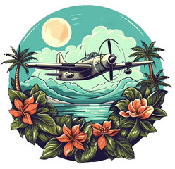 WWII airplane flying under tropical island with palm trees and flowers, regenerative AI 