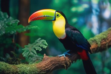 Fototapeta premium Keel-billed Toucan (Ramphastos sulfuratus) - vibrant and colorful bird. Generative AI