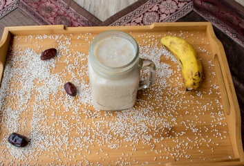 Healthy and quick calcium rich Breakfast smoothie made with amaranth or ramdana and banana dates....