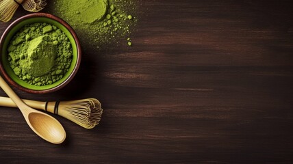 Obraz na płótnie Canvas a traditional Japanese product. Matcha green tea is arranged in a bowl and sprinkled against a background of dark wood. GENERATE AI