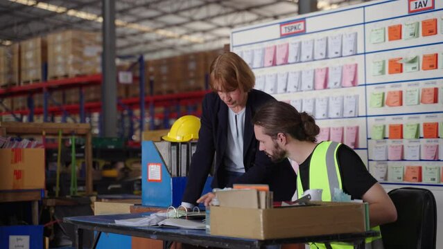 Businesswoman and worker discussing order and supply management