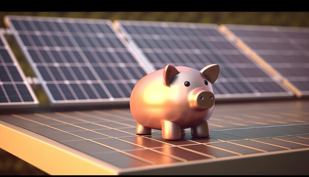 3D solar panel and piggy bank, symbolizing energy saving. Generative IA