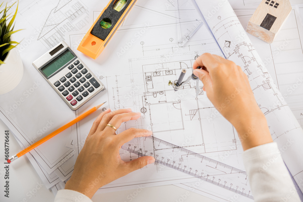 Poster architectural project workplace. engineer sketching construction project, architect drawing with div