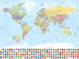 Rolgordijnen World map and Flags - highly detailed vector illustration © Porcupen