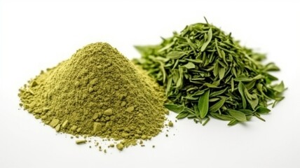 Green tea leaf and powder on a white background.  GENERATE AI