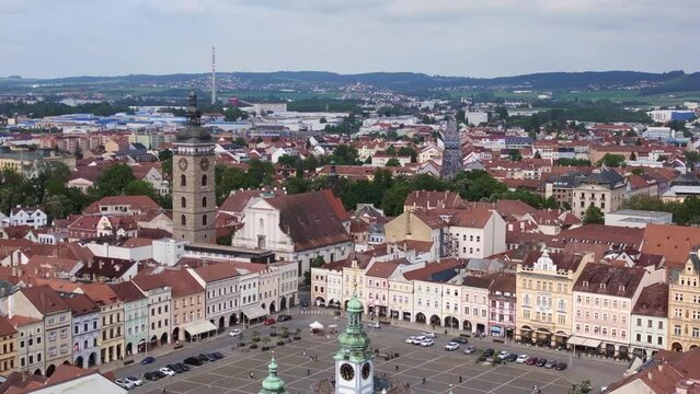 Budweis old town City hall with bell tower Stunning aerial top view flight drone