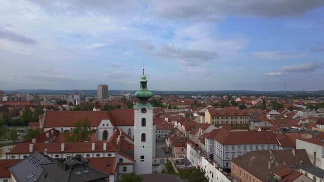 Budweis church Budejovice town in Czech. Beautiful aerial top view flight drone