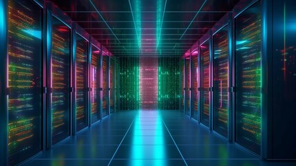 3D rendering of a server room featuring a data design element for node-based programming. GENERATE AI