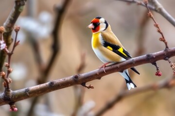 Fototapeta premium Cute male Goldfinch Lugano bird with yellow plumage. Generative AI