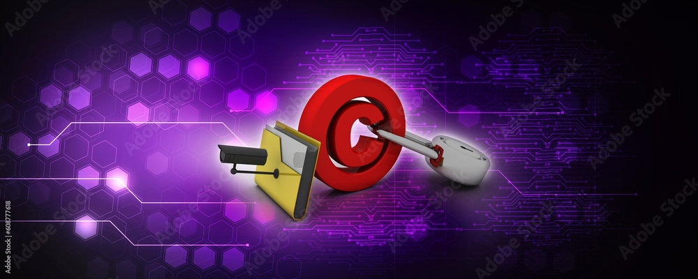 Poster 3d rendering yellow folder and copyright lock. data security concept under cctv camera
