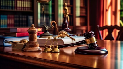 Law and justice concept, Judge chamber wooden table, Themis sculpture and judge&rsquo;s gavel on brown desk. Collection of legal books in the bookshelf.